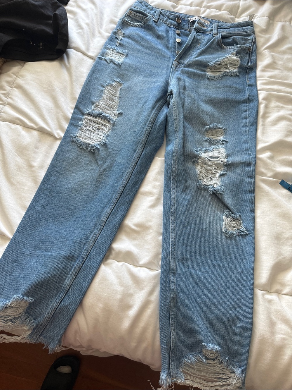 Women's Distressed Light Blue Straight-Leg Jeans